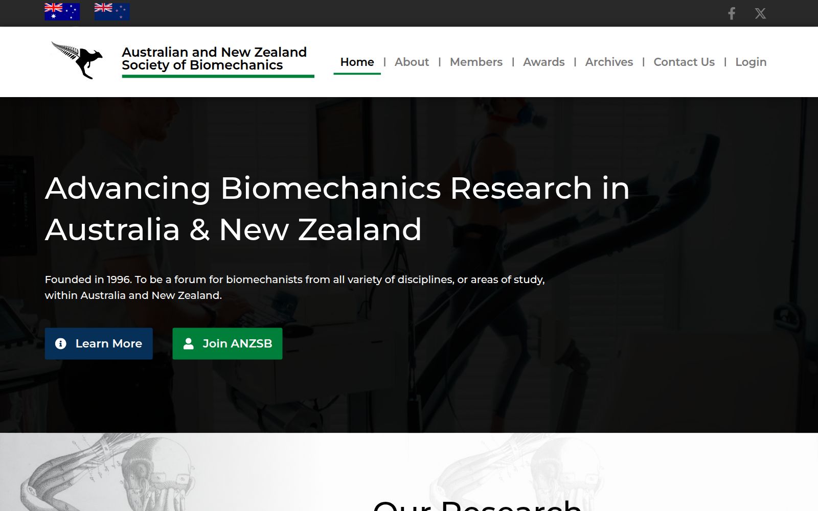 Home page of the ANZSB website, with the society's kangaroo logo and the headline Advancing Biomechanics Research in Australia & New Zealand