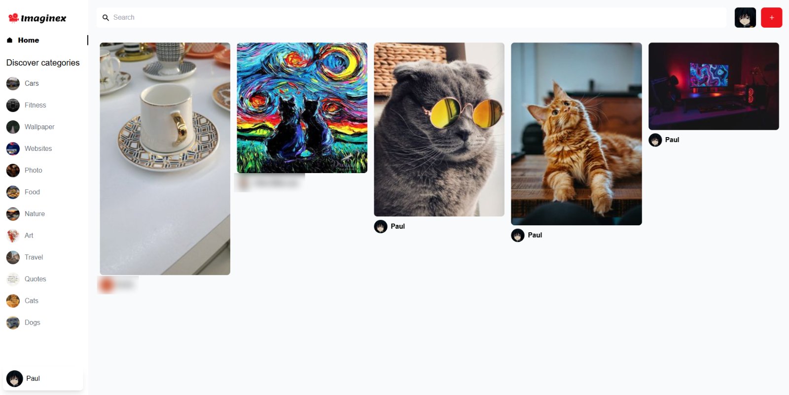 Imaginex home feed, a Pinterest-style grid of user images with a category sidebar for cars, food, travel, cats and more